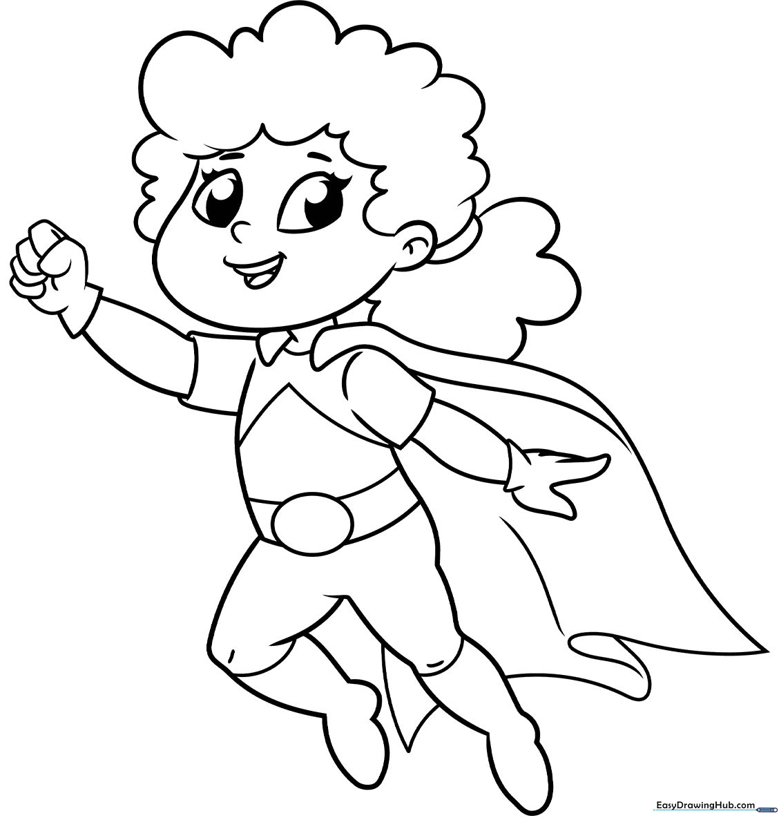 Line art of a cute girl superhero wearing a cape and mask, ready for coloring with clear, bold outlines for easy filling.