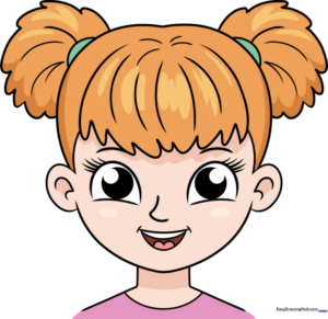 Pencil sketch of a young girl's face with pigtails and a cheerful smile, shown in a clear step-by-step drawing guide format.