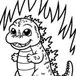 A friendly, cartoon-style Godzilla standing with a happy expression, featuring bold outlines perfect for children to color with markers or crayons.