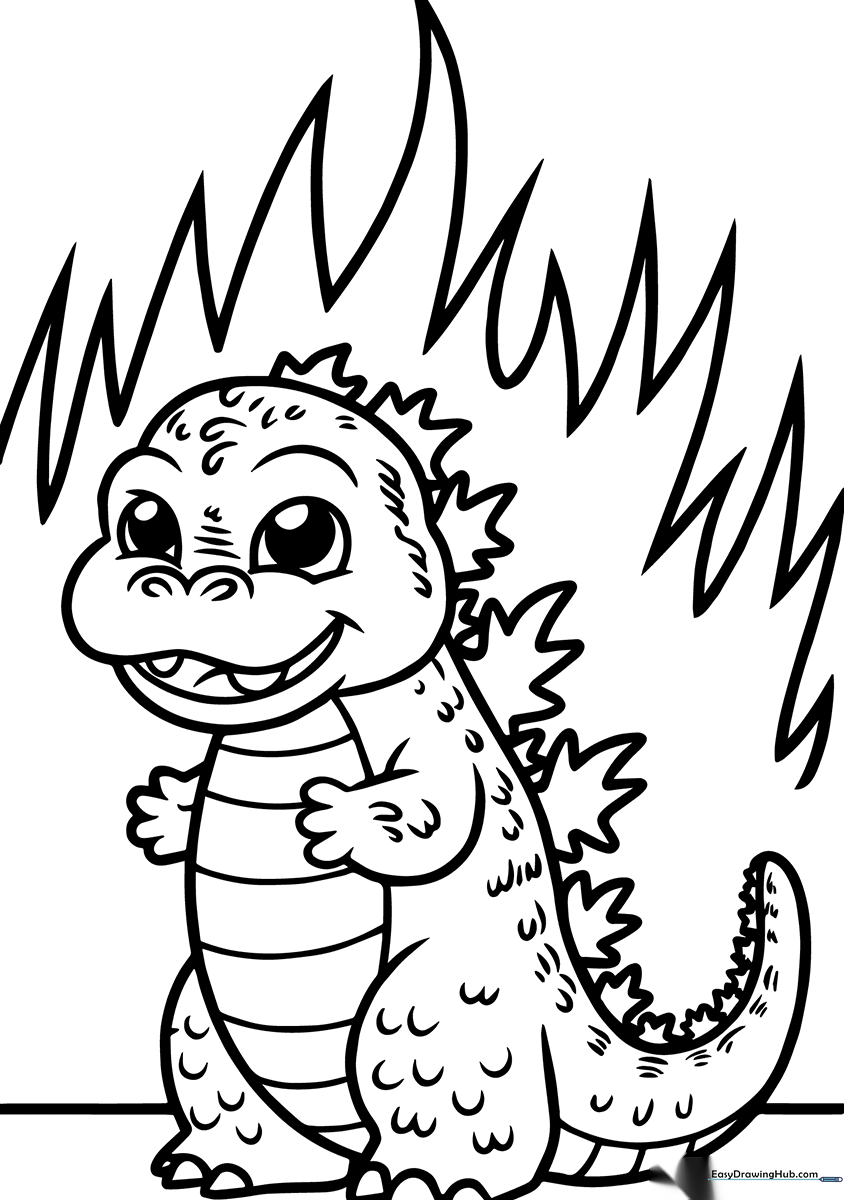 A friendly, cartoon-style Godzilla standing with a happy expression, featuring bold outlines perfect for children to color with markers or crayons.