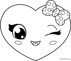 A friendly heart character with a smiling face and large eyes, outlined in bold black lines on a white background, ready for coloring.
