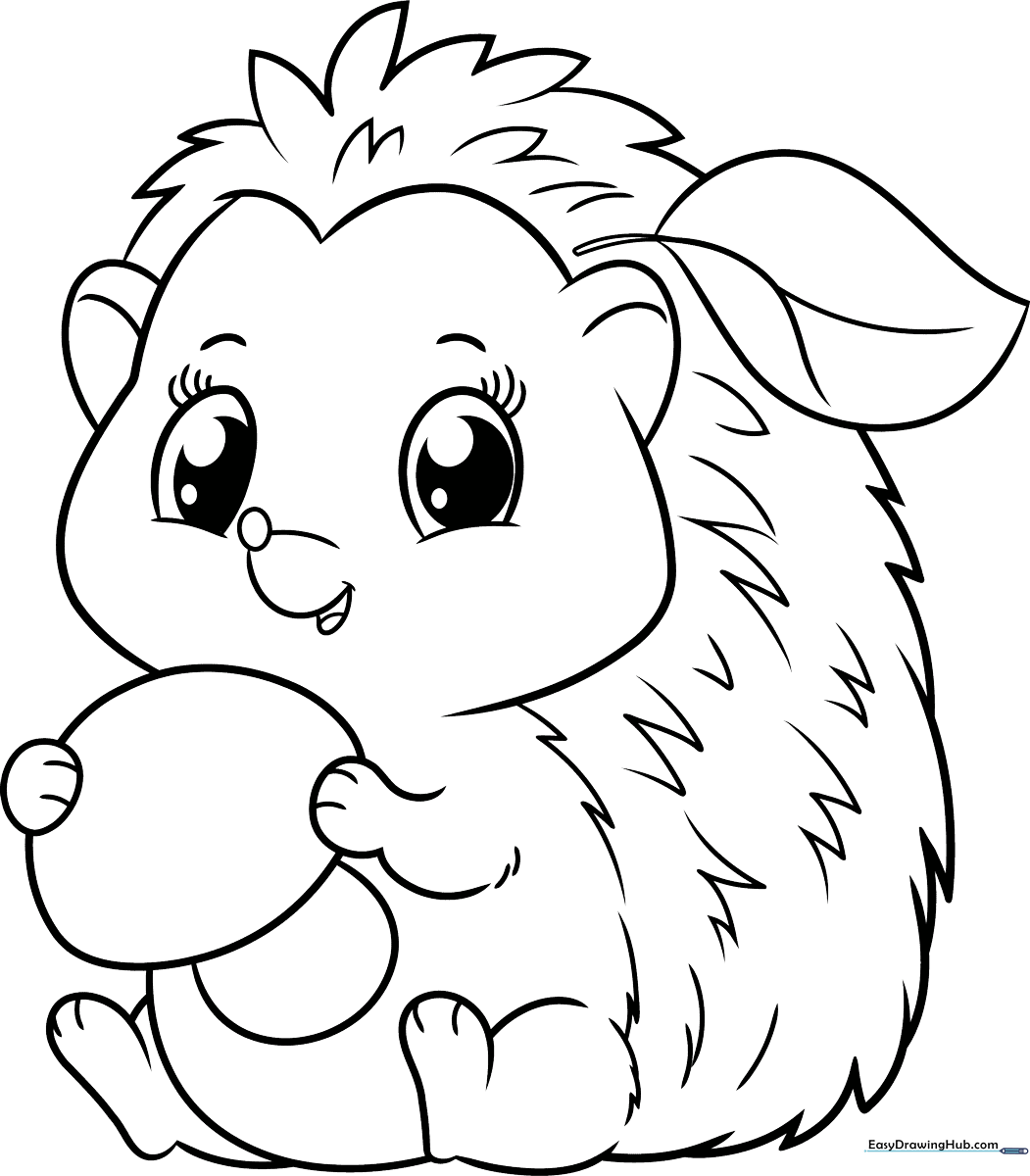 Black and white line art of a smiling hedgehog with large eyes, ready for coloring on a standard printer page.
