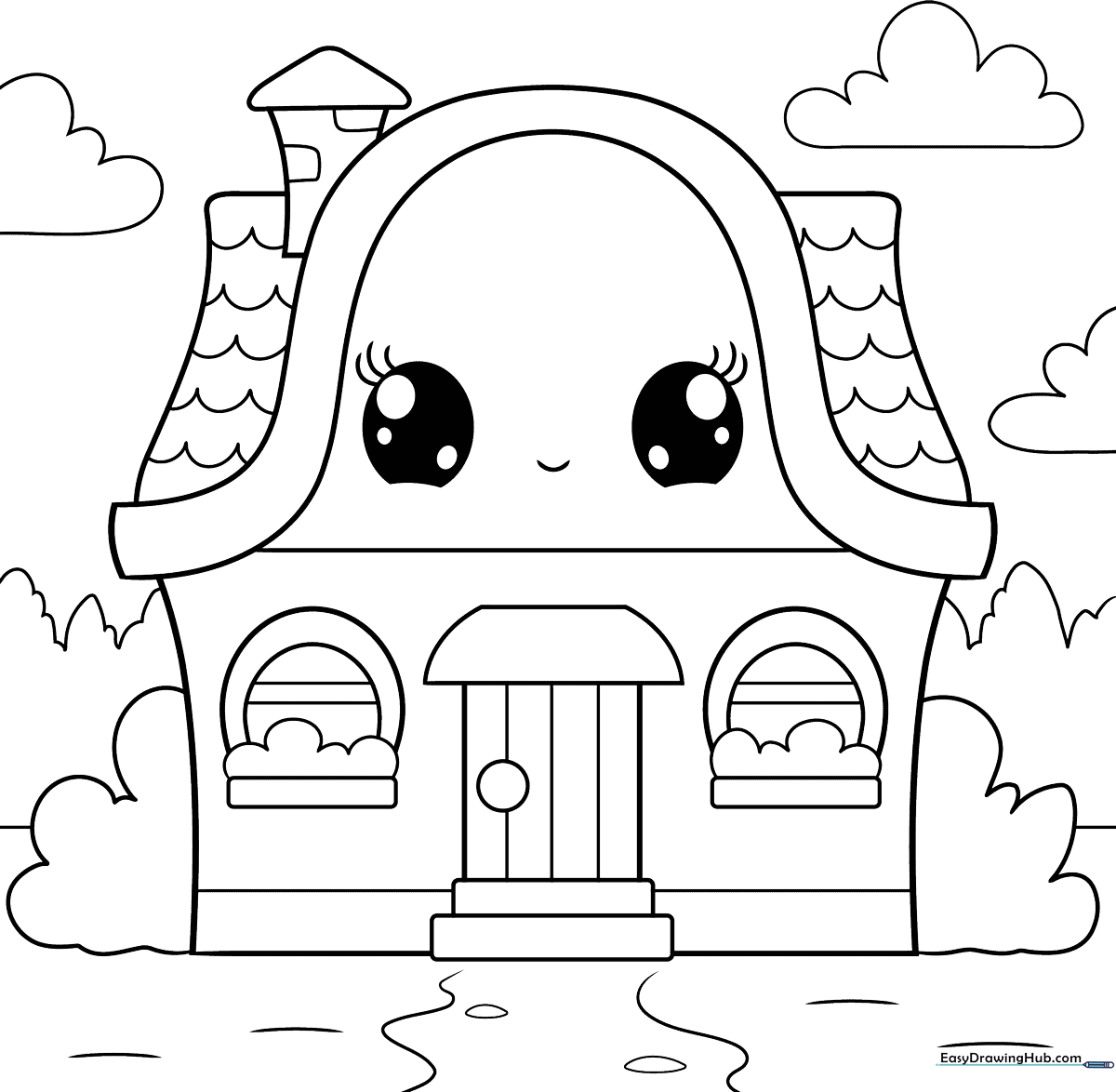 Black and white line art of a cute cartoon house with a chimney and windows, ready for children to color.