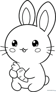 Black and white line art of a Kawaii-style bunny with large expressive eyes, perfect for children to color with markers or crayons.