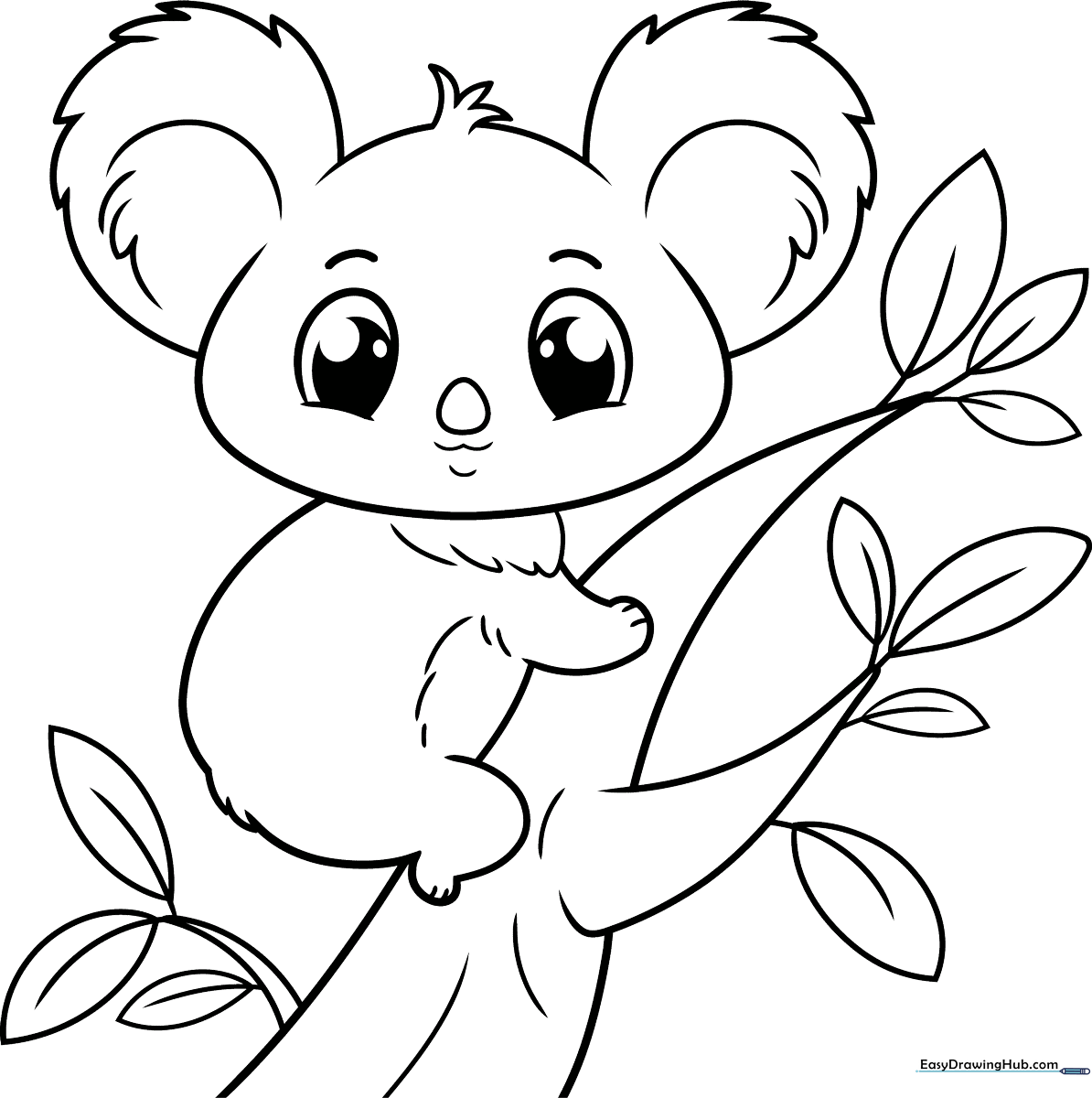 Black and white line art of a friendly koala sitting, featuring bold outlines perfect for young children to color with crayons or markers.