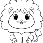 A friendly cartoon lion with a large, fluffy mane and a happy expression, featuring bold lines for easy coloring by children.