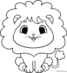 A friendly cartoon lion with a large, fluffy mane and a happy expression, featuring bold lines for easy coloring by children.