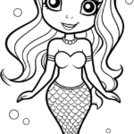 A friendly cartoon mermaid with flowing hair and a detailed tail, featuring thick, easy-to-color outlines for children.