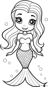 A friendly cartoon mermaid with flowing hair and a detailed tail, featuring thick, easy-to-color outlines for children.