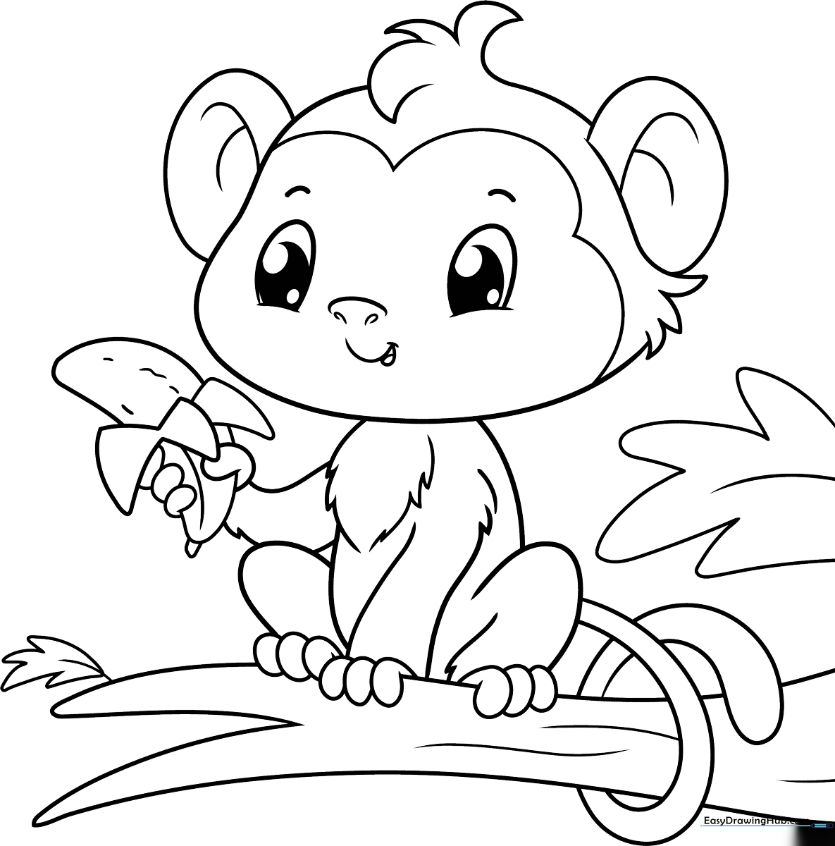 A friendly cartoon monkey with large, expressive eyes and a curled tail, featuring clean, thick outlines perfect for young children to color.