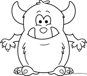 A friendly, round cartoon monster with large expressive eyes and small horns, featuring bold outlines perfect for young children to color.