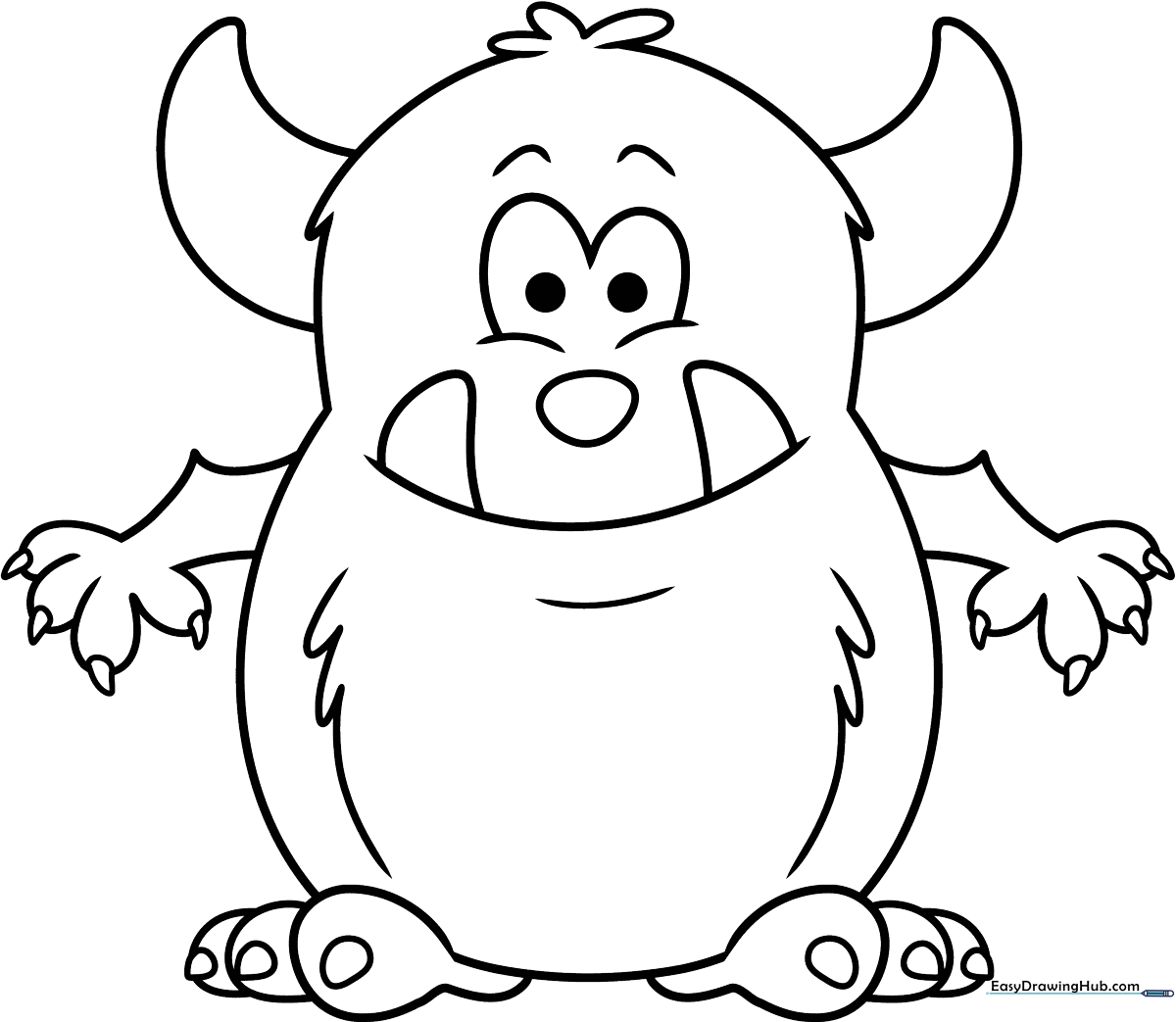 A friendly, round cartoon monster with large expressive eyes and small horns, featuring bold outlines perfect for young children to color.