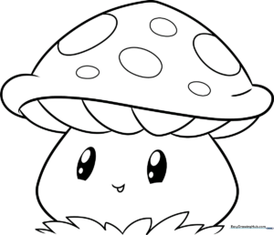 A friendly cartoon mushroom with a large, spotted cap and a smiling face, featuring bold, clean outlines for easy coloring by children.