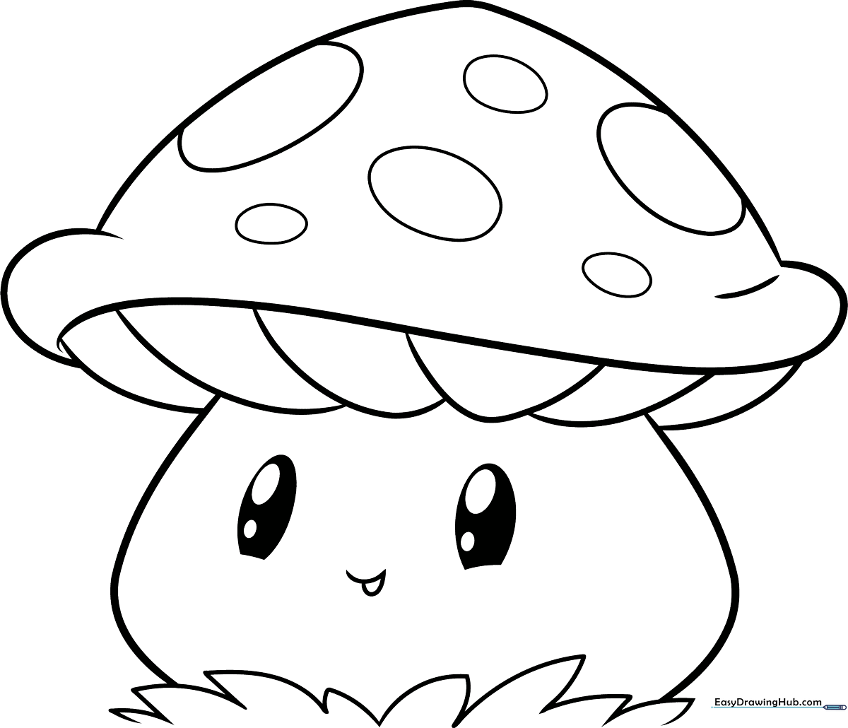 A friendly cartoon mushroom with a large, spotted cap and a smiling face, featuring bold, clean outlines for easy coloring by children.
