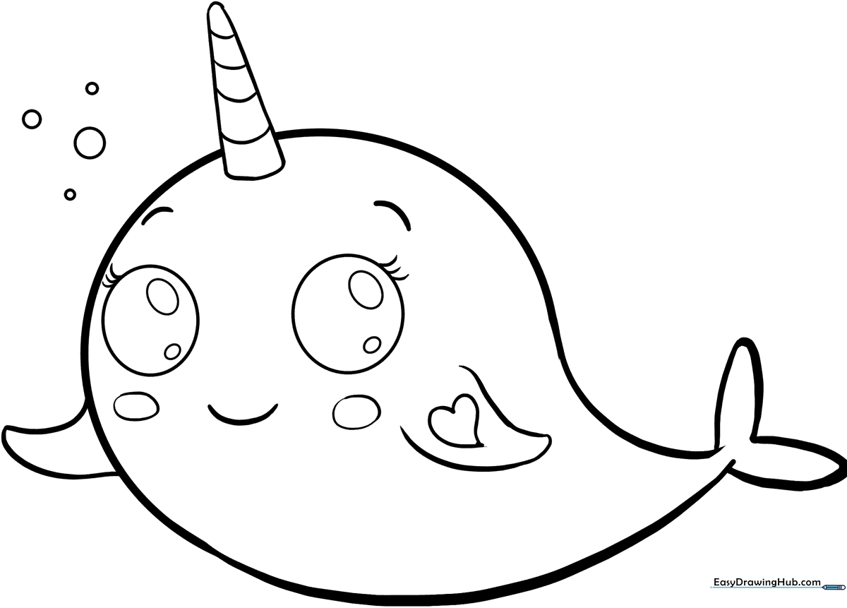 A friendly cartoon narwhal with a long spiral tusk, featuring bold, clean outlines perfect for young children to color inside the lines.
