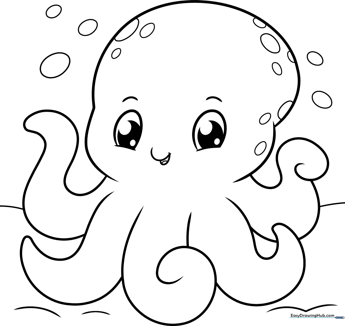 A friendly cartoon octopus with large expressive eyes and eight curling tentacles, designed as a clean-line coloring page for children.