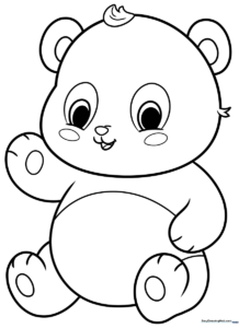A friendly cartoon panda sitting down with large, expressive eyes and rounded ears, designed as a clean-line coloring page for children.