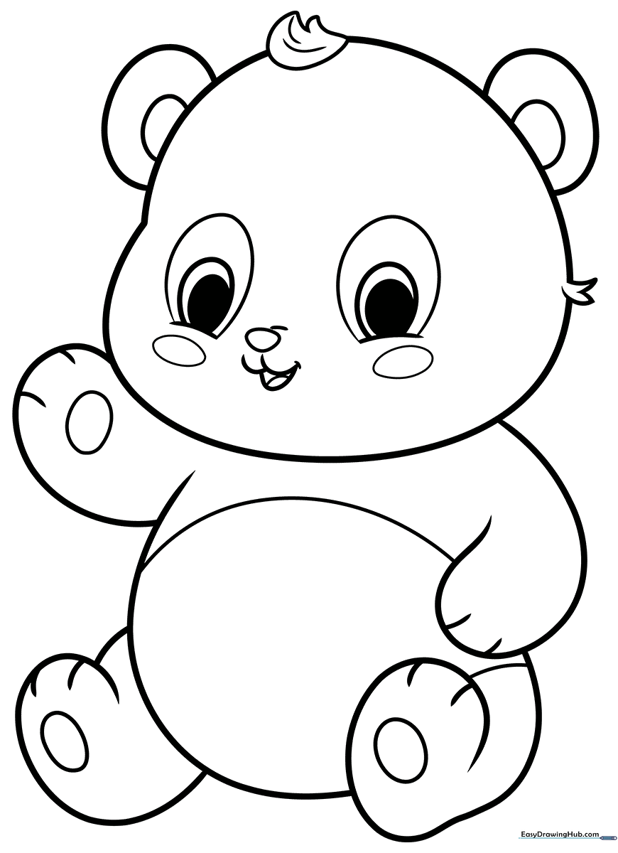 A friendly cartoon panda sitting down with large, expressive eyes and rounded ears, designed as a clean-line coloring page for children.