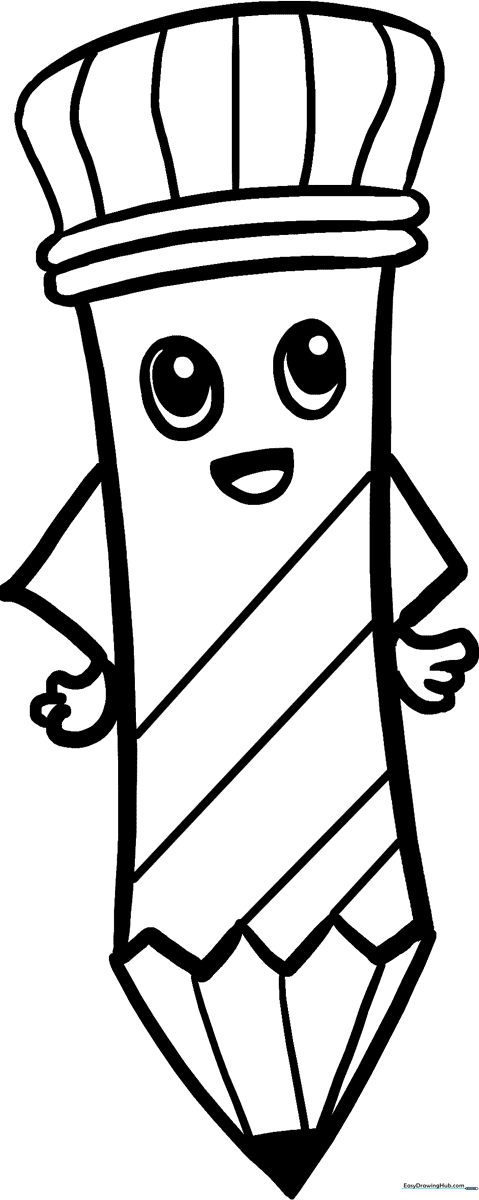 A cheerful cartoon pencil character with a smiling face, large expressive eyes, and a wooden tip, outlined in bold black lines for easy coloring.