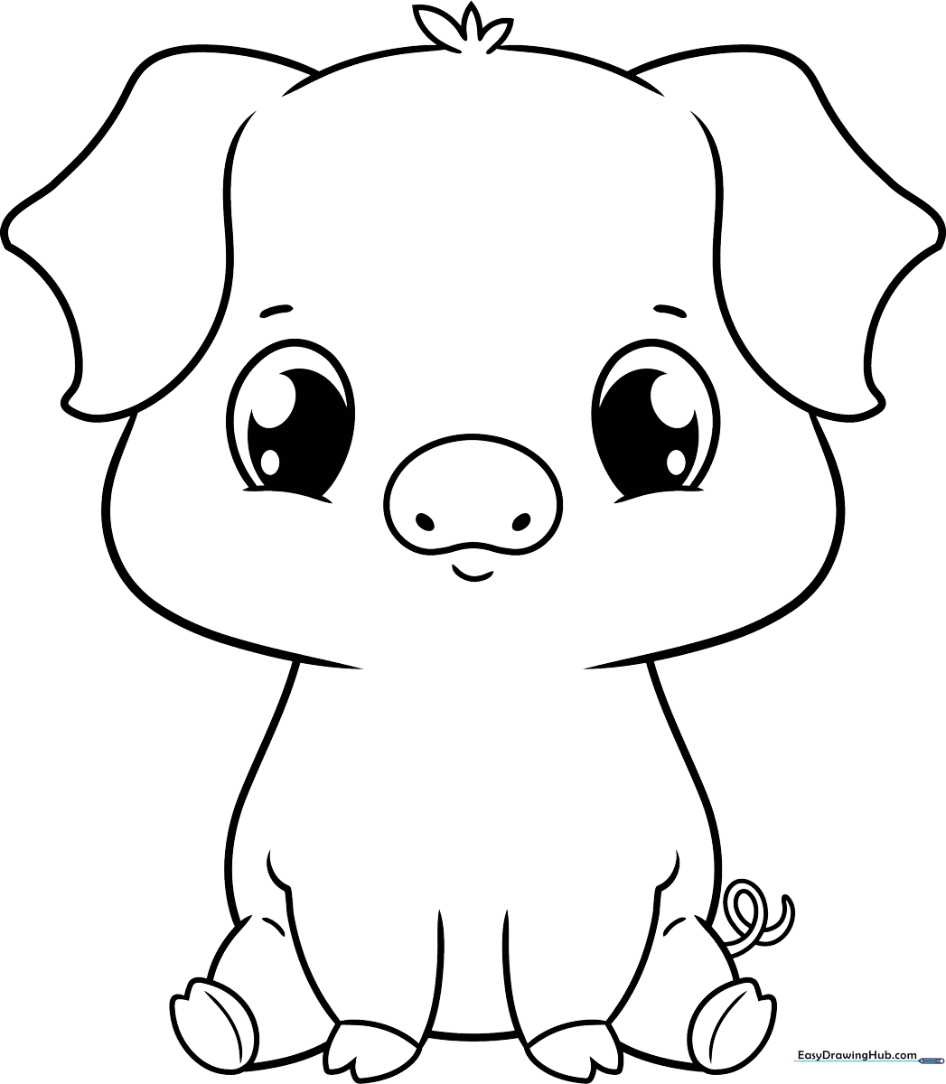 A friendly cartoon pig with a round snout and large eyes, outlined in bold black lines for easy coloring by children.