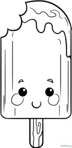 A simple line art illustration of a smiling popsicle with a wooden stick, designed for children to color with crayons or markers.
