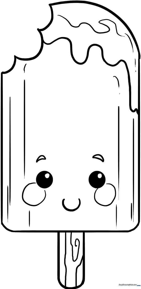 A simple line art illustration of a smiling popsicle with a wooden stick, designed for children to color with crayons or markers.
