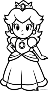 Black and white line art of Princess Peach in a cute chibi style, featuring her iconic crown, long hair, and royal dress, ready for coloring.