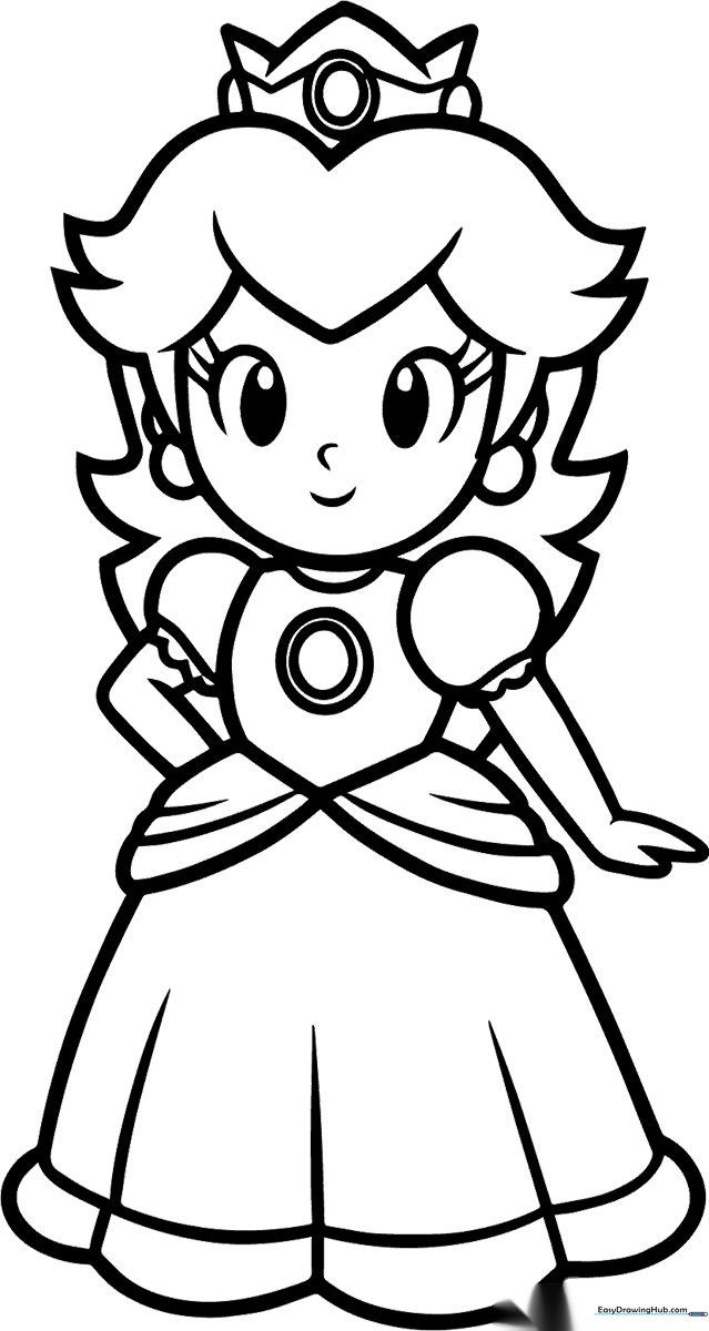 Black and white line art of Princess Peach in a cute chibi style, featuring her iconic crown, long hair, and royal dress, ready for coloring.