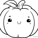 Black and white line art of a smiling cartoon pumpkin with large eyes and a small stem, ready for children to color.