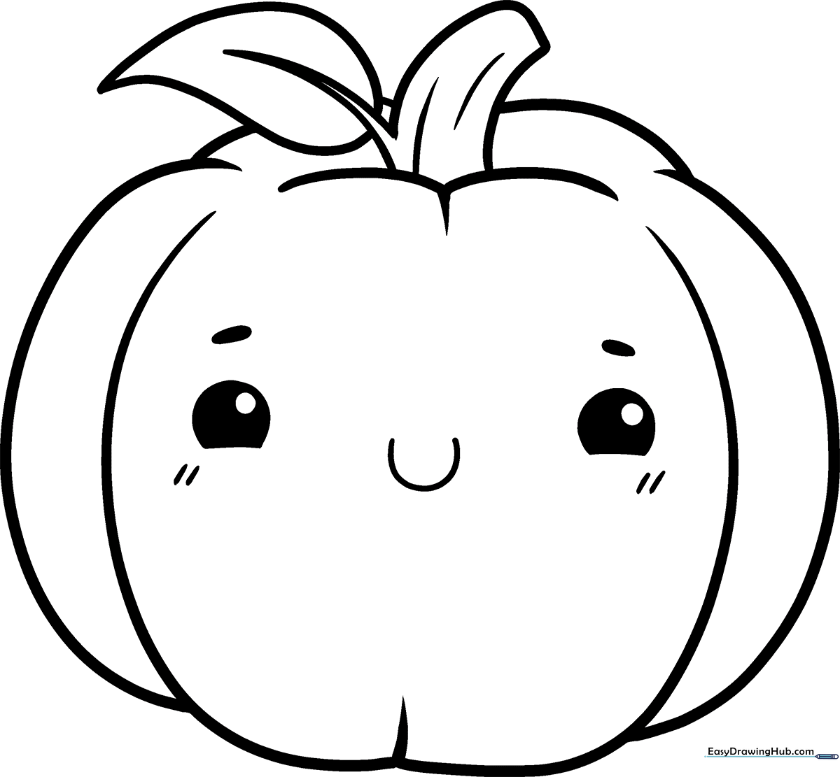 Black and white line art of a smiling cartoon pumpkin with large eyes and a small stem, ready for children to color.