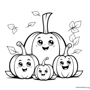 A friendly pumpkin family with smiling faces and leafy vines, outlined in bold black lines for easy coloring by children.