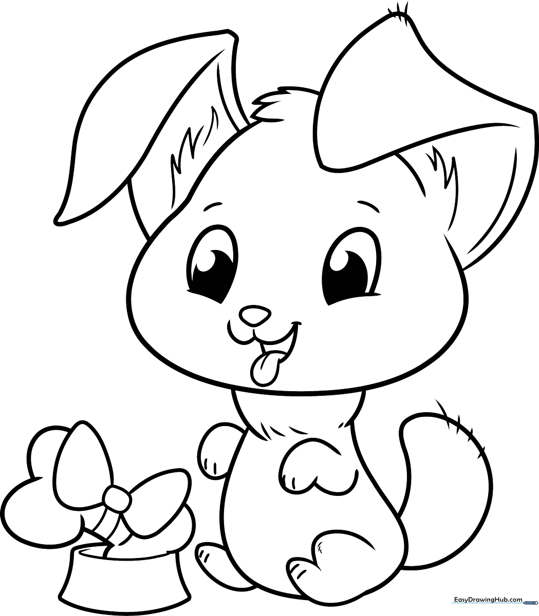 A friendly cartoon puppy with large expressive eyes and floppy ears, outlined in thick black lines for easy coloring by children.