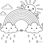 Black and white line art of a smiling rainbow arching over two fluffy clouds, designed for children to color.