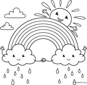 Black and white line art of a smiling rainbow arching over two fluffy clouds, designed for children to color.