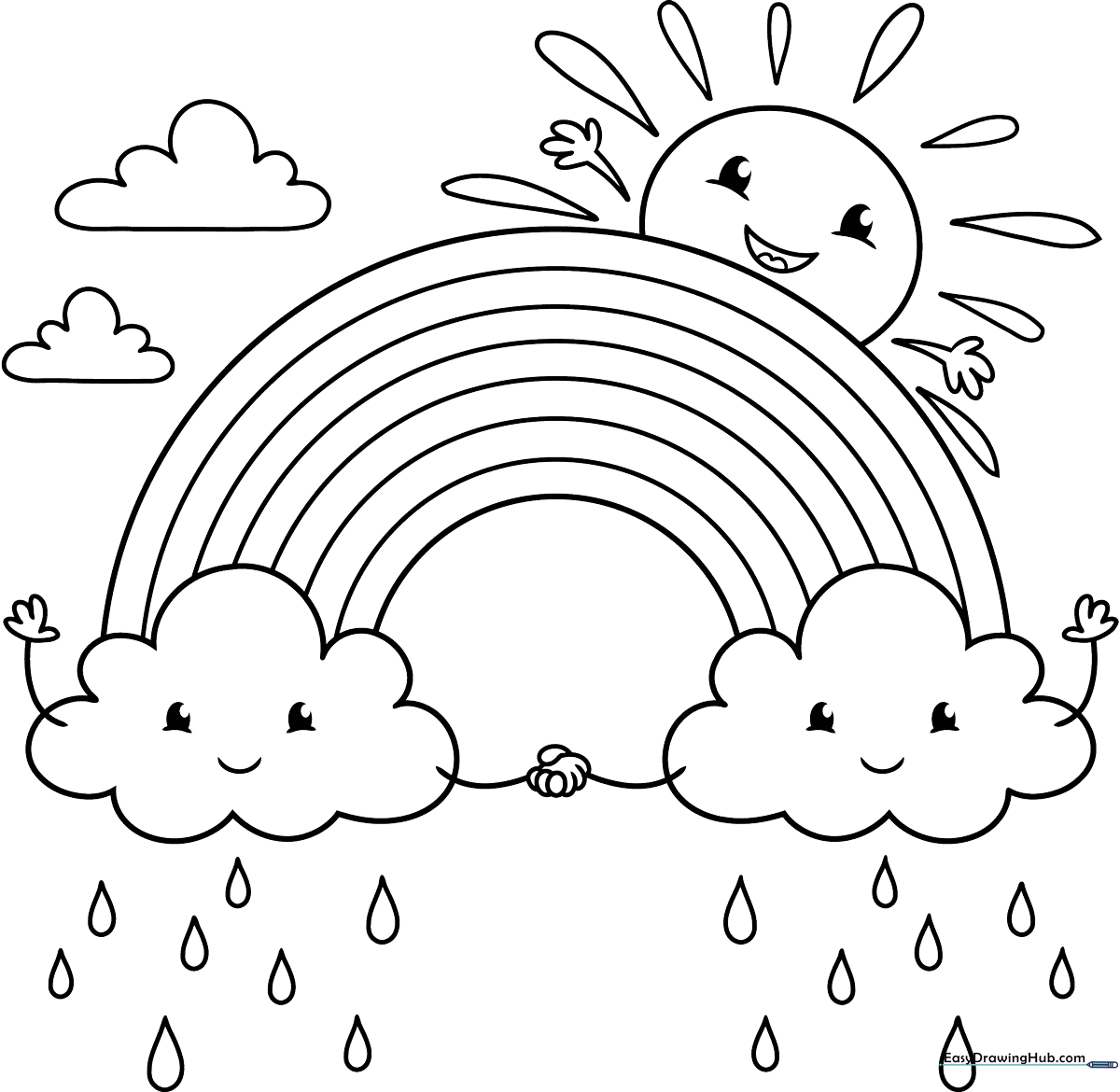 Black and white line art of a smiling rainbow arching over two fluffy clouds, designed for children to color.