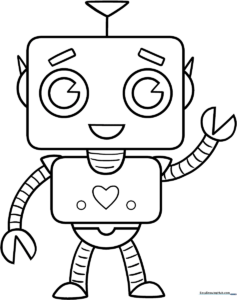 A friendly, simple-to-color robot character with large expressive eyes and a boxy body, designed for children to practice staying within the lines.