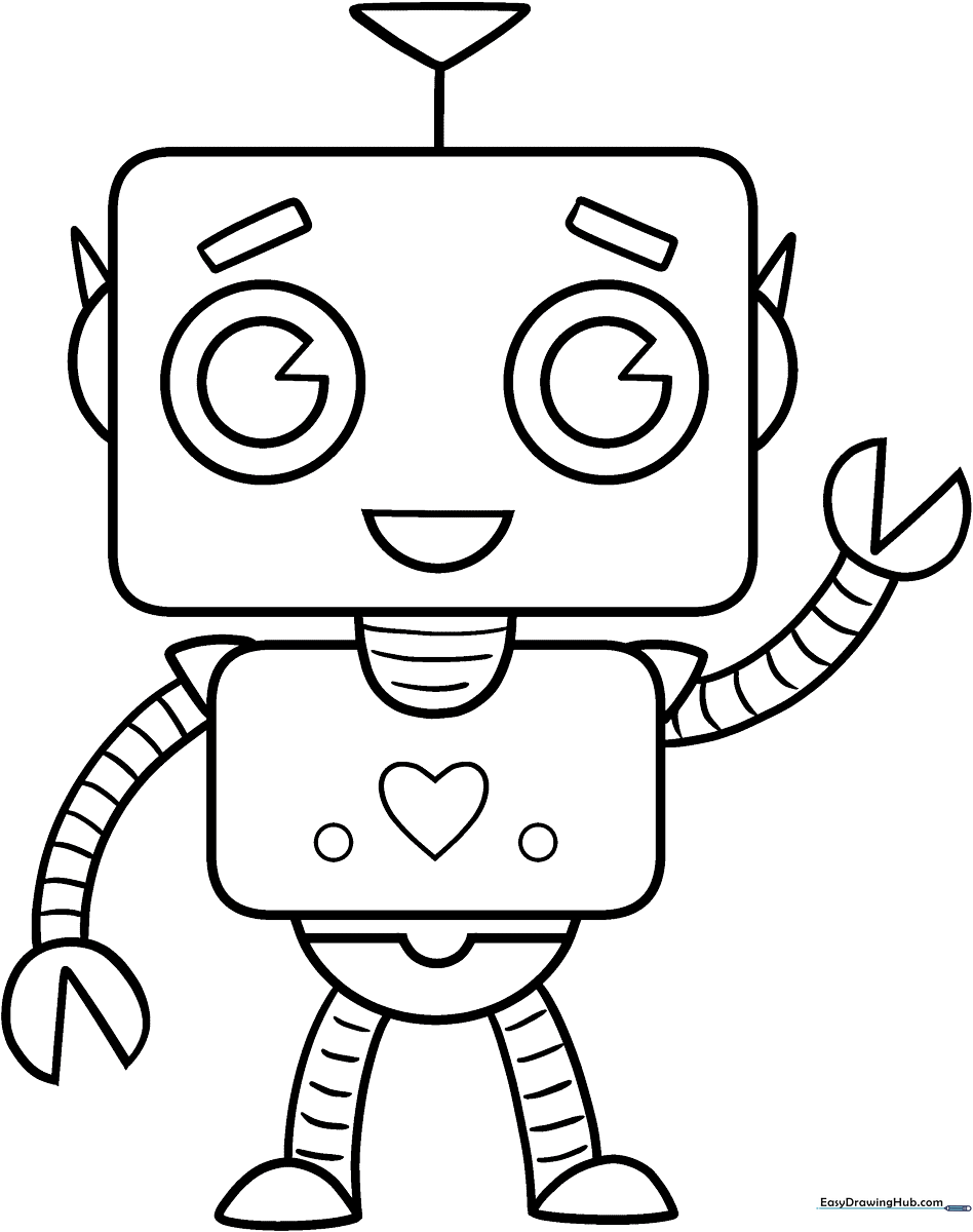 A friendly, simple-to-color robot character with large expressive eyes and a boxy body, designed for children to practice staying within the lines.