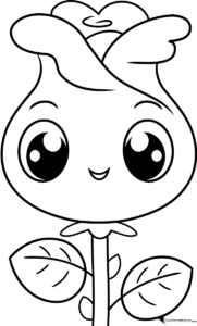 Black and white line art of a smiling cartoon rose with large petals and a simple stem, designed for children to color.