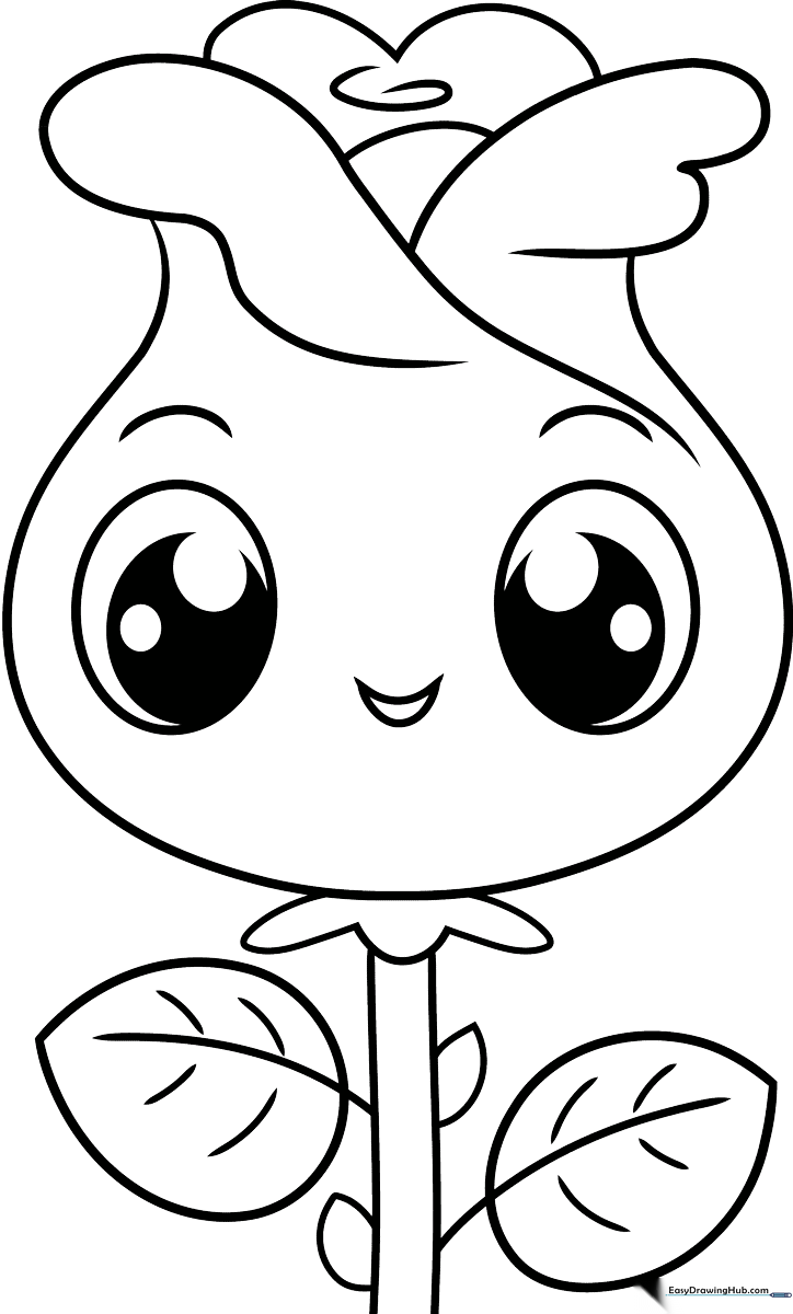 Black and white line art of a smiling cartoon rose with large petals and a simple stem, designed for children to color.