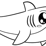 A friendly, cartoon-style shark with large eyes and a gentle smile, featuring clean, thick outlines perfect for young children to color.