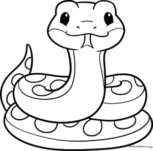 A friendly cartoon snake with large, expressive eyes and a patterned body, featuring bold outlines for easy coloring by young children.