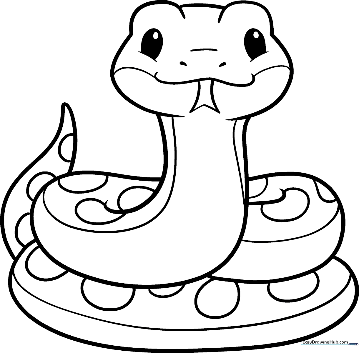 A friendly cartoon snake with large, expressive eyes and a patterned body, featuring bold outlines for easy coloring by young children.