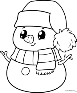 A friendly cartoon snowman with a carrot nose and a top hat, featuring bold outlines suitable for children to color.