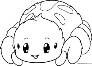 A friendly cartoon spider with large, expressive eyes and eight curved legs, outlined in bold black lines on a white background, ready for coloring.