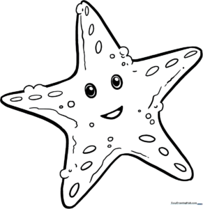 A friendly, smiling starfish with rounded arms and large eyes, outlined in bold black lines for easy coloring by children.