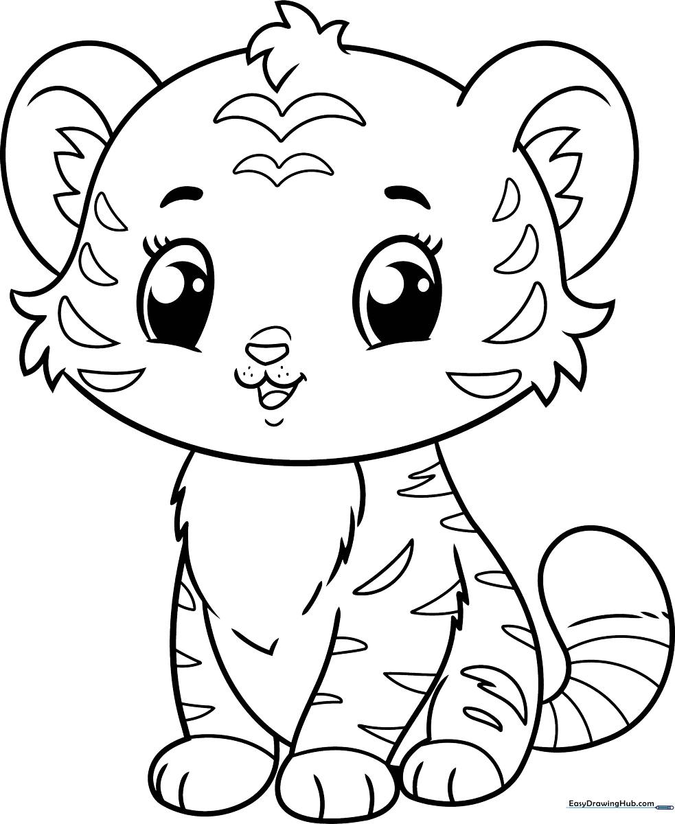 A friendly cartoon tiger with large expressive eyes and distinct stripes, outlined in clean black lines for easy coloring by children.