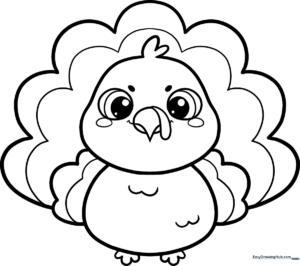 Black and white line art of a smiling cartoon turkey with large feathers, designed for children to color.