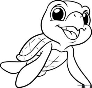 A friendly cartoon turtle with a patterned shell and large, expressive eyes, outlined in bold black lines for easy coloring by children.