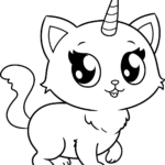 Black and white line art of a whimsical cat with a unicorn horn, ready for coloring with crayons or markers.