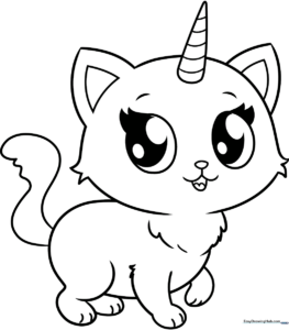 Black and white line art of a whimsical cat with a unicorn horn, ready for coloring with crayons or markers.